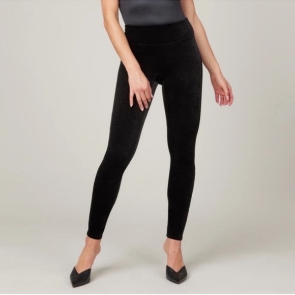 SPANX Black Velvet Tummy Control High Waisted Tights Leggings Size Small EUC - Picture 1 of 15